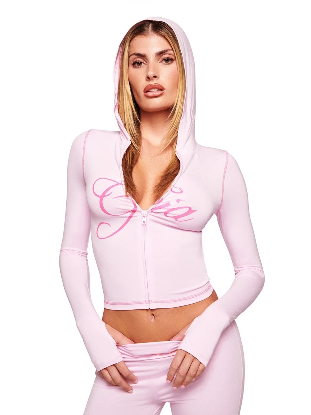 I.Am.Gia Light Pink Hooded Zip Crop Top with Script